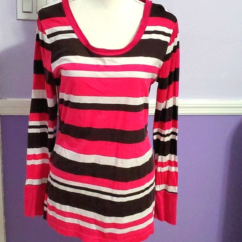 Op Retro 90s Hot Pink & Black Striped Long Sleeve Fitted Light Tee Juniors XL
